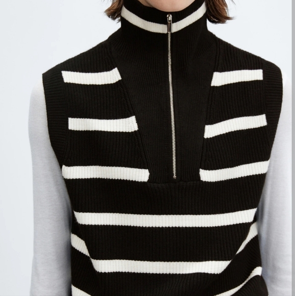MANGO Crop V Sweater Vest sz Medium Black and White Striped - Picture 2 of 9